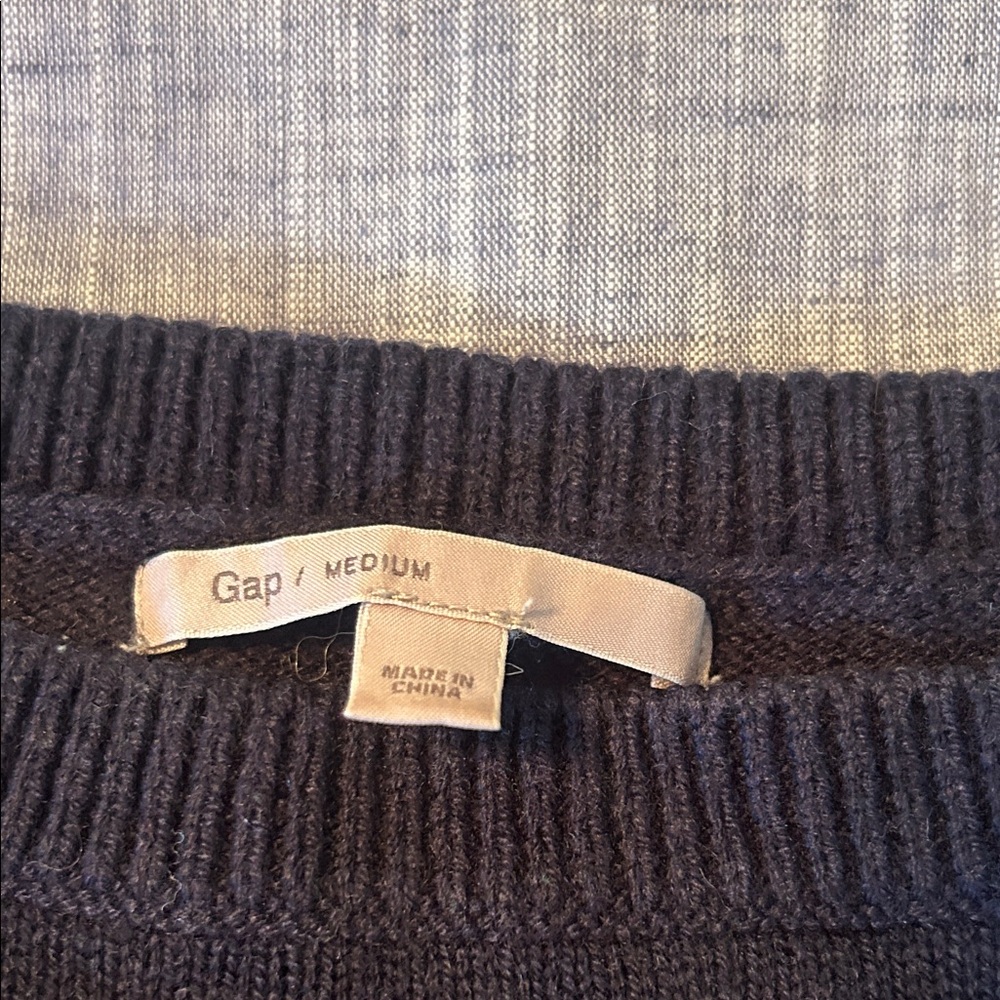 Navy blue and Green Crew Neck GAP Sweater with gray accents.